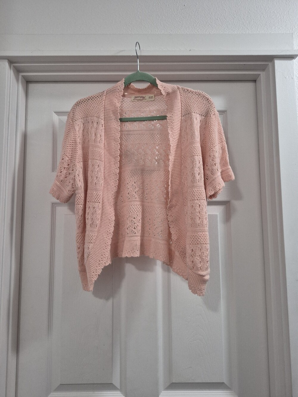Open-Front Crochet Knit Short Sleeve Cardigan - Peach Rose Pink Xxl